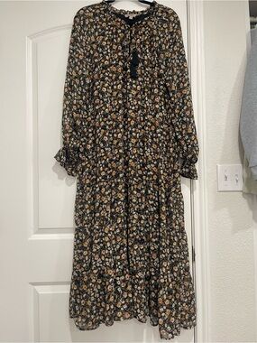 Black Floral Tiered Maxi Dress with Tie Neck Detail